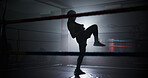Boxing, exercise and silhouette with man in ring for sparring practice, training or fitness. Mma club, wrestling challenge and martial arts fighter with person in gym for performance and self defense