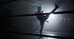 Person, silhouette and kickboxing ring at gym, training or power with routine for combat sports. Athlete, fighter and mixed martial arts with workout, exercise or ready for contest at fitness club