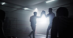 Help, team and silhouette with men in boxing ring for sparring practice, boxer training and fitness coaching. Mma club, wrestling and martial arts fighter with people in gym for personal trainer