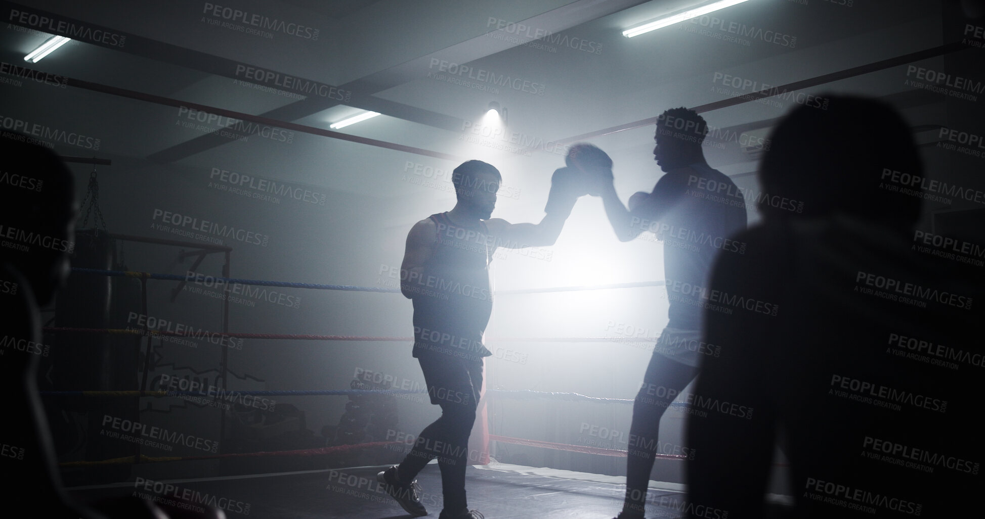 Buy stock photo Help, team and fitness with men in boxing ring for sparring practice, boxer training and combat coaching. MMA club, wrestling and martial arts fighter with people in gym for personal trainer