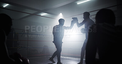 Buy stock photo Learning, team and health with men in boxing ring for sparring practice, boxer training and fitness coaching. Mma club, sports and martial arts fighter with people in gym for personal trainer