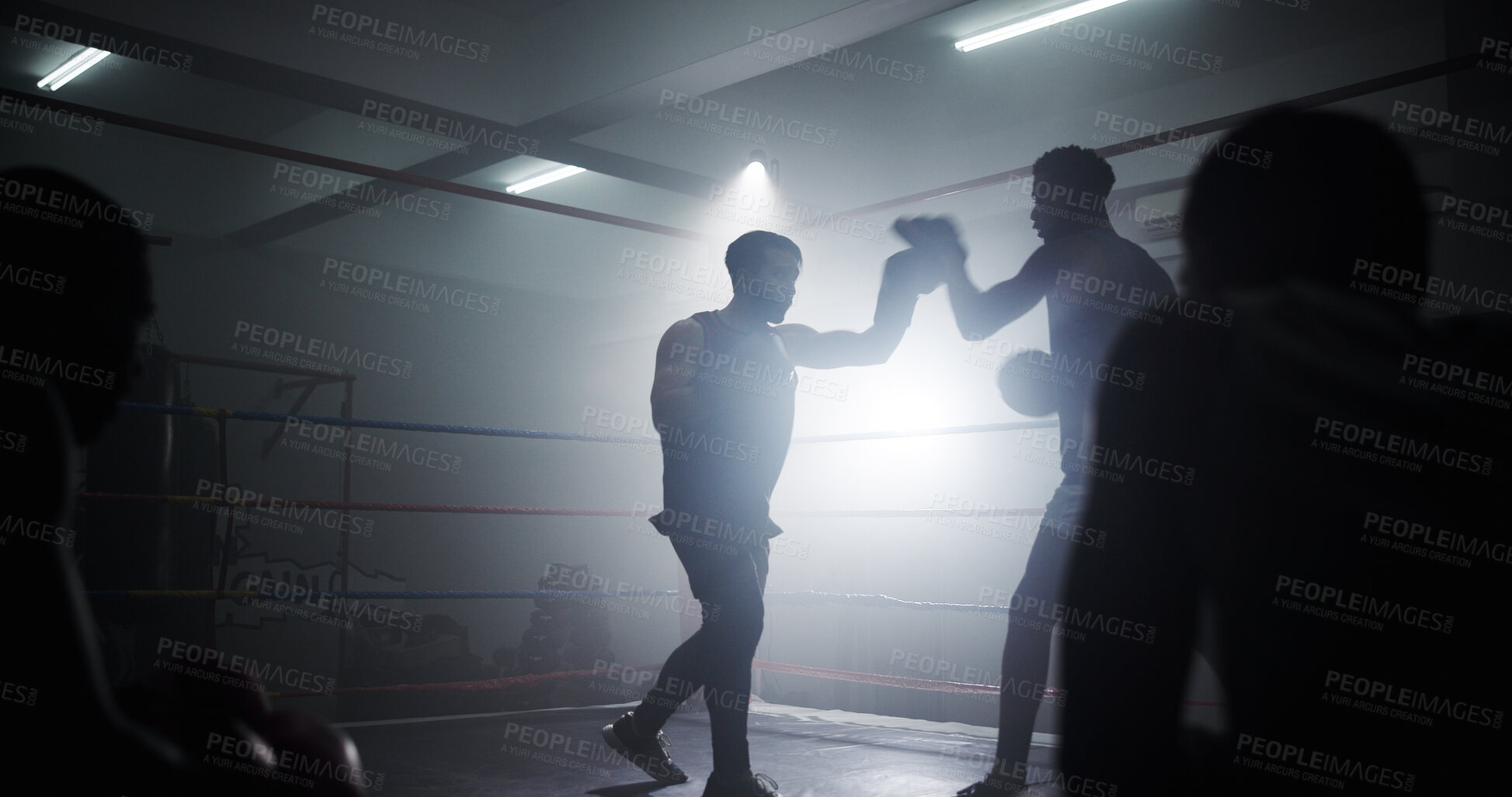Buy stock photo Learning, team and health with men in boxing ring for sparring practice, boxer training and fitness coaching. Mma club, sports and martial arts fighter with people in gym for personal trainer