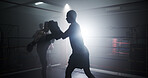 Personal trainer, sports and silhouette with men in boxing ring for sparring practice, boxer training and fitness coaching. Mma club, wrestling and martial arts fighter with people in gym for partner
