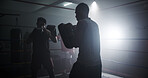 Personal trainer, sports and team with men in boxing ring for sparring practice, boxer training and fitness coaching. Mma club, wrestling and martial arts fighter with people in gym for partner