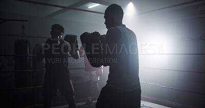 Buy stock photo Personal trainer, sports and team with men in boxing ring for sparring practice, boxer training and fitness coaching. Mma club, wrestling and martial arts fighter with people in gym for partner