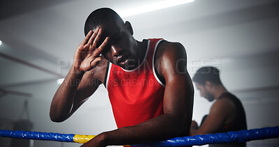Buy stock photo Man, boxer and tired with sweat in ring for training, fitness and fatigue with burnout, rest and low angle at gym. Person, athlete or fighter with combat sports, exhausted and break at exercise club