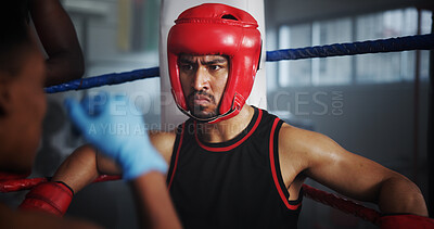Buy stock photo Boxing, training and man with coach at gym for fitness,  intense fight or combat skills with sports. Self defense, action or energy with serious boxer, personal trainer and practice for match 