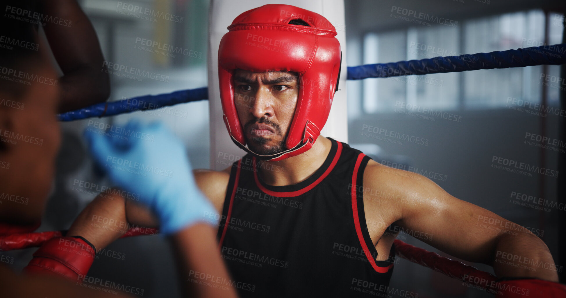 Buy stock photo Boxing, training and man with coach at gym for fitness,  intense fight or combat skills with sports. Self defense, action or energy with serious boxer, personal trainer and practice for match 