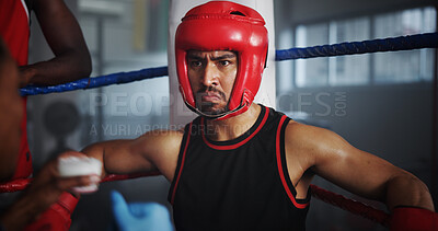 Buy stock photo Boxer, training and man at gym for fitness,  intense fight or combat skills with sports and coach. Self defense, action or energy with serious boxing, personal trainer and practice for match 