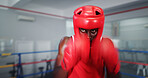 Boxing, training and man at gym for exercise, intense fight or combat skills with sports motion blur. Self defense, action or energy with serious male boxer, challenge and practice for match 