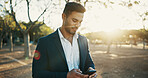 Business, outdoor and man with smartphone, typing or social media with morning commute, texting or trading. Person, accounting or employee in city, cellphone or online reading with message to contact