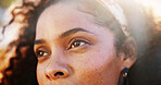 Future, hope and vision with eyes of woman closeup outdoor for thoughtful contemplation. Inspiration, sight and thinking with person staring in summer for observation, reflection or satisfaction