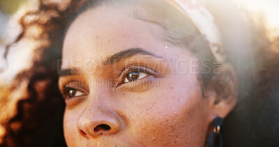 Buy stock photo Future, hope and vision with eyes of woman closeup outdoor for thoughtful contemplation. Inspiration, sight and thinking with person staring in summer for observation, reflection or satisfaction