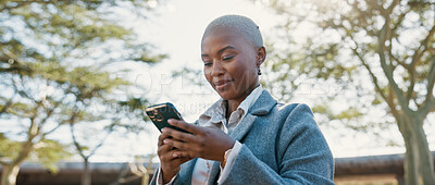 Buy stock photo Business, smile and black woman with cellphone, outdoor and contact with connection, email and texting. Happy person, internet or employee in city, smartphone and app for online chatting and message