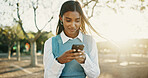 Business, typing and woman with smartphone, outdoor and message to contact, texting and travel. Happy person, internet or employee with cellphone, social media and communication with app or morning