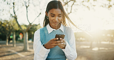 Buy stock photo Business, typing and woman with smartphone, outdoor and message to contact, texting and travel. Happy person, internet or employee with cellphone, social media and communication with app or morning