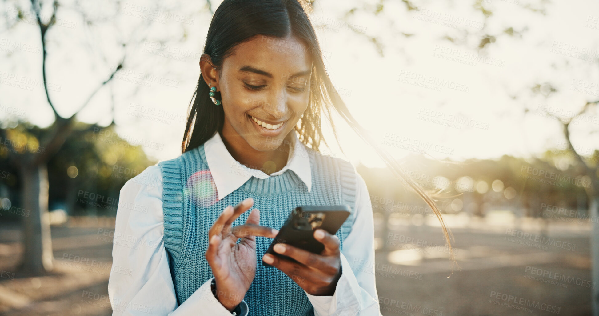 Buy stock photo Business, funny and woman with smartphone, outdoor and message to contact, online humor and internet. Happy person, laughing or employee with cellphone, social media or communication with app or joke