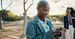 Business, smile and woman in city, cellphone and message to contact, email and chatting. Happy person, internet or employee with smartphone, outdoor or digital app for online reading or communication
