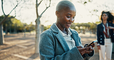 Buy stock photo Business, smile and woman in city, cellphone and message to contact, email and chatting. Happy person, internet or employee with smartphone, outdoor or digital app for online reading or communication