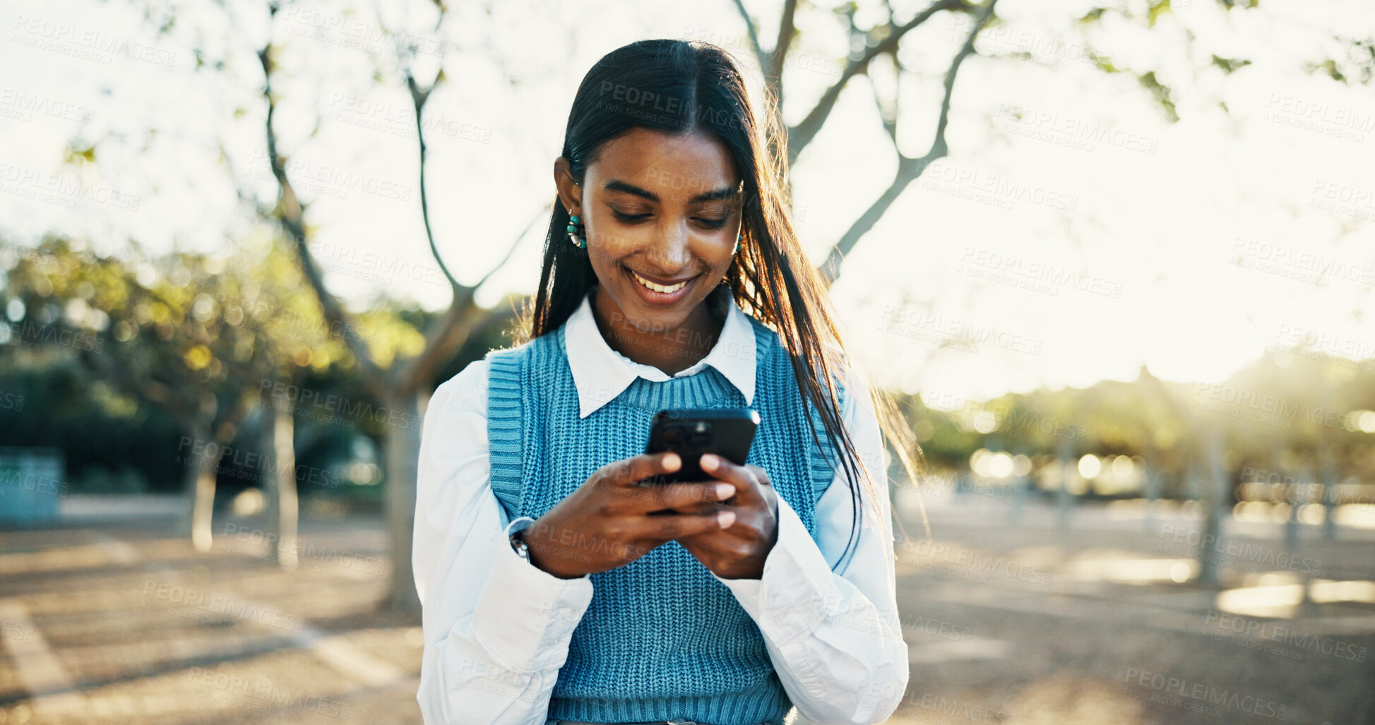 Buy stock photo Business, smile and woman with cellphone, outdoor and message to contact, digital app and chatting. Happy person, internet or employee with smartphone, social media and communication with commute