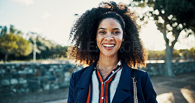 Buy stock photo Portrait, business and woman in city, excited and confident personality with financial consultant. Happy person, outdoor or employee with break, morning commute or career ambition with urban town