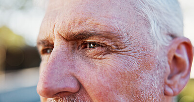 Buy stock photo Man, mature and eyes for thinking in city, serious or frowning with wrinkles outdoor, vision or mindset. Reflection, memory and remember with closeup for worried perspective, face and contemplating