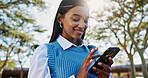Business, smile and woman with smartphone, outdoor and contact with connection, email and humor. Happy person, internet or employee in city, cellphone or digital app for online chatting, joke or text