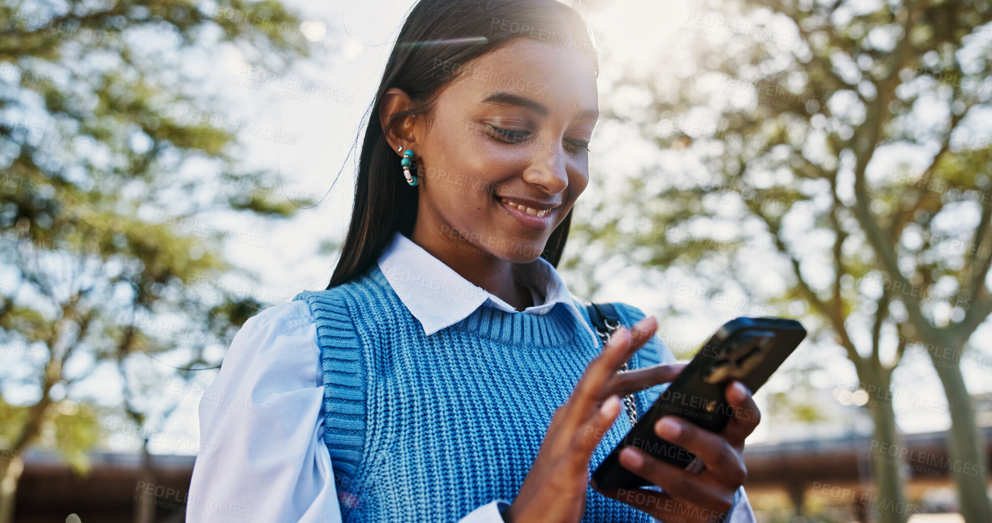 Buy stock photo Business, smile and woman with smartphone, outdoor and contact with connection, email or text. Happy person, internet or employee in city, cellphone or digital app for online chatting or social media