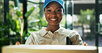 Cardboard box, delivery and portrait of woman with parcel for logistics distribution with career. Happy, supply chain and African female courier driver with package for order with cargo service.