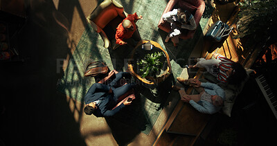 Buy stock photo Above, meeting and business people in office, planning or brainstorming for project, talking or ideas. Employees, cooperation or group in workplace, discussion or feedback for proposal or negotiation