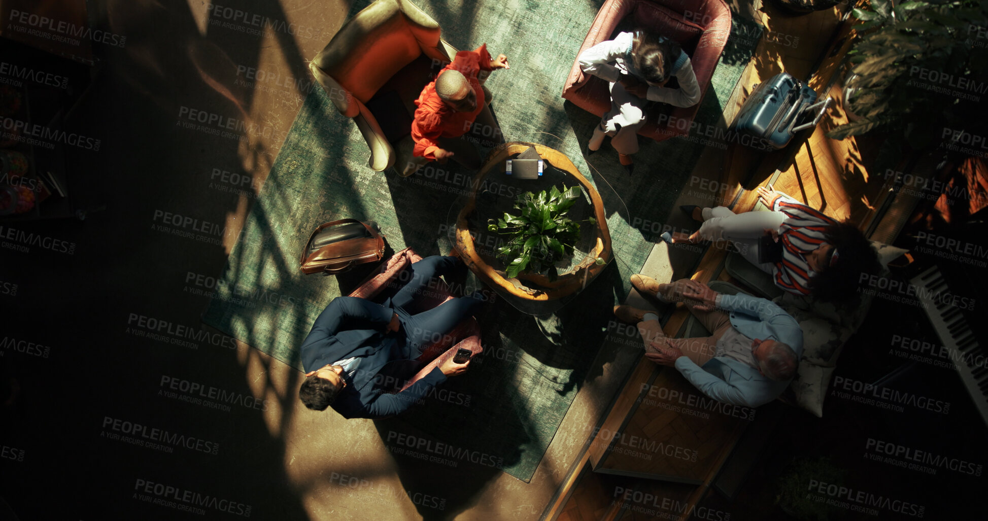Buy stock photo Above, meeting and business people in office, planning or brainstorming for project, talking or ideas. Employees, cooperation or group in workplace, discussion or feedback for proposal or negotiation