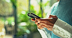 Hands, business and person scroll with phone in office for communication, research and sustainable consultant. Advisor, mobile app and online of schedule update, reading information and green project