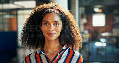 Buy stock photo Portrait, business and woman with smile in office for creative career, about us and journalist at agency. Female person, pride and confidence with ambition as reporter, job experience and opportunity