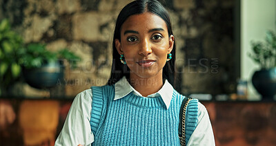 Buy stock photo Portrait, business and Indian woman in office with confidence, ambition and job as green consultant. Smile, professional employee and worker with sustainability advisor or eco friendly specialist
