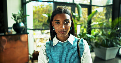 Buy stock photo Portrait, business and Indian woman in office as green consultant with ambition for career. Pride, professional employee and confident worker with sustainability advisor or eco friendly specialist