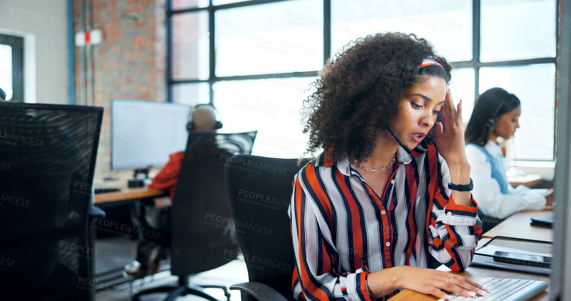 Buy stock photo Computer, headache and stress with woman in call center for assistance, feedback or problem solving. Burnout, contact us and frustration with employee in workplace for customer service or support