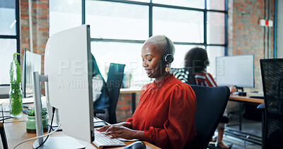 Buy stock photo Call center, computer and woman with headset, typing and lead generation, conversation and talking. Telemarketing, agent and person with tech for sales, consultation and communication for services