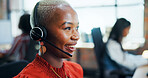 Call center, agent and woman with headset, happy and generation of leads, conversation and consultation. Telemarketing, smile and person with tech for sales, communication and friendly for service