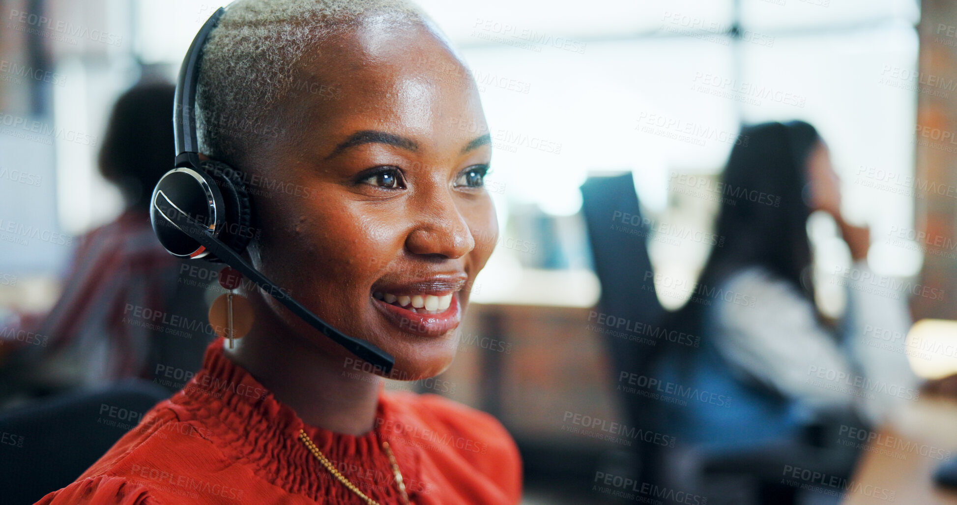 Buy stock photo Call center, agent and woman with headset, conversation and happy for lead generation and consultation. Telemarketing, smile and person with tech for sales, communication and friendly for service