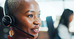 Call center, consultant and woman with headset, talking and lead generation, conversation and communication. Telemarketing, agent and person with tech for sales, consultation and friendly for service