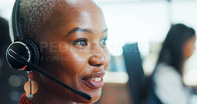 Buy stock photo Call center, consultant and woman with headset, talking and lead generation, conversation and communication. Telemarketing, agent and person with tech for sales, consultation and friendly for service