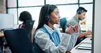 Computer, video call and woman with headset, talking and communication for lead generation and sales. Business, agent and person with tech for telemarketing, consultation and friendly for services