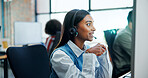 Talking, computer and woman with headset, telemarketing and smile for lead generation in call center. Business, agent and person with tech for communication, friendly or review of services on website