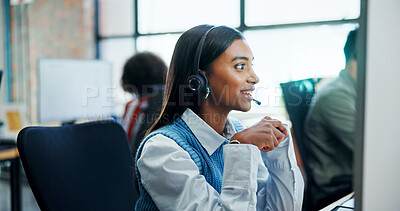 Buy stock photo Talking, computer and woman with headset, telemarketing and smile for lead generation in call center. Business, agent and person with tech for communication, friendly or review of services on website