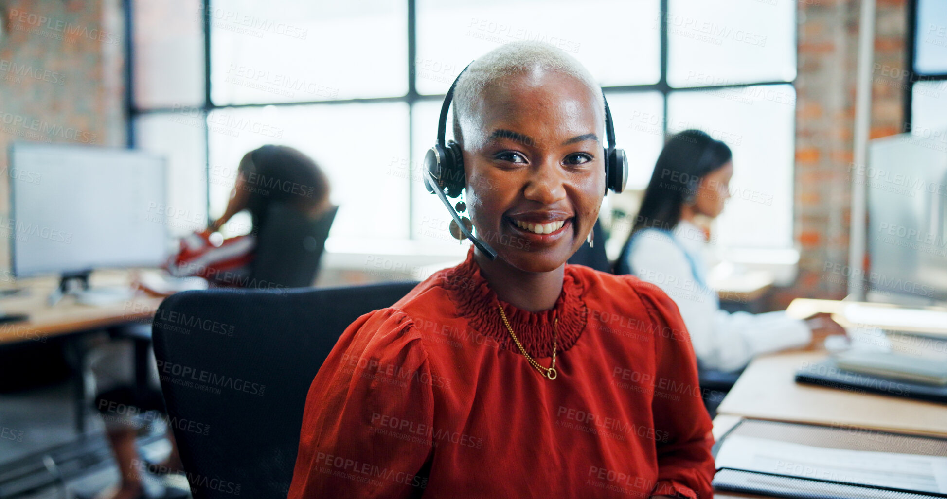 Buy stock photo Portrait, business and woman with headset at call centre for customer service, contact us and advisor. African person, consultant and online assistance for crm advice, career pride and helping client
