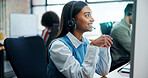 Smile, woman and headset with computer at call centre for customer service, contact us and advisor. Female person, consultant and online assistance for crm advice, information and help with procedure