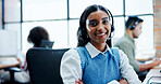 Portrait, smile and woman with headset at call centre for customer support, contact us and advisor. Female person, consultant and arms crossed for online assistance, career pride and friendly service