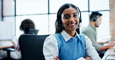 Buy stock photo Portrait, smile and woman with headset at call centre for customer support, contact us and advisor. Female person, consultant and arms crossed for online assistance, career pride and friendly service