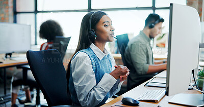 Buy stock photo Business, woman and talking with computer at call centre for customer service, questions and advisor. Female person, consultant and online assistance for crm advice, information and telecom procedure