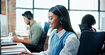 Business, woman and typing with headset at call centre for customer service, questions and information. Female advisor, consultant and online assistance for crm advice, faq and helping with procedure